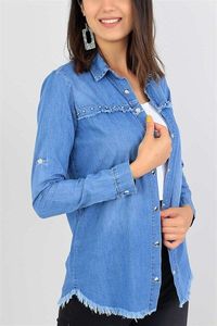 Camisa vaquera de algodón para mujer, blusa de manga larga con botones, cuello vuelto y bolsillos, para uso diario. - Product Image 1