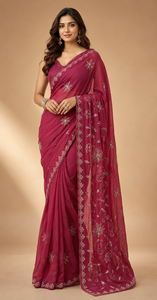 Sari indien en georgette pour mariée, broderie florale, tenue de mariage, sari traditionnel pour fête, couleur magenta, pour femmes - Product Image 2