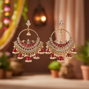 Fashion Chandelier Earrings Red Enameled Large Kundan Style Chandbali - Product Image 3