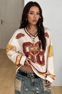 Camiseta de Fútbol Americano a la Moda para Mujer, Cuello en V, Manga Corta, Estampado Digital, Holgada, Estilo Baloncesto, Proveedor OEM - Product Image 3