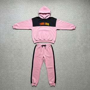 Ensemble de survêtement rose à blocs de couleur, à capuche, manches longues, taille élastique, décontracté, pour adultes, unisexe, style automne, prix abordable - Product Image 1