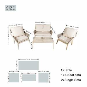 Acacia Wood 4-Piece Outdoor Patio Furniture Set Solid Wood <b>Bench</b> 2 Single <b>Chairs</b> Thick Cushions Coffee <b>Table</b> Included Model - Product Image 3