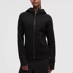 Veste polaire à capuche intégrale pour femme, manches raglan, noire unie, vêtement de sport respirant en polyester tricoté - Product Image 1