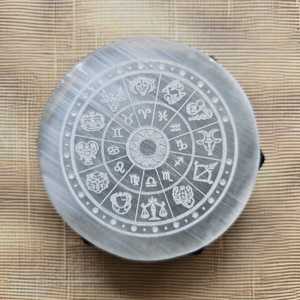 Natural Selenite Zodiac Wheel Plate 3 Inch Engraved 12 Zodiac <b>Signs</b> Irregular Crystal Charging Plate Home Decor Feng Shui - Product Image 1