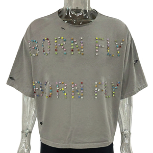 T-shirt personnalisé 100 % coton avec impression DTG, coupe ample et épaisse, col brut, effet vieilli avec pierres précieuses pour homme - Product Image 3