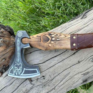 Hache Viking de qualité industrielle à lame courte en acier Damas, manche en bois de frêne, gravure de lion, 18 pouces - Product Image 4