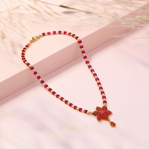 Fashion Jewelry Set <b>Ruby</b> Colored American Diamond <b>Necklace</b> Floral Style - Product Image 3