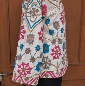 Hand embroidered cotton jacket pink diamond <b>trellis</b> snowflake floral medallion standing collar boho suzani wholesale exports B2B - Product Image 5
