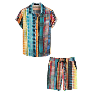 Conjunto de Camisa de Manga Corta a Rayas y Pantalones Cortos para Hombre, Cuello Camisero, Estilo Casual de Verano, Transpirable, de Poliéster - Product Image 1