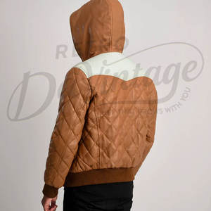 เสื้อแจ็คเก็ตหนังสองสี แทนและขาว แบบพัฟเฟอร์  บุผ้าแบบไดมอนด์ควิลท์ มีฮู้ด  เสื้อโค้ทกันหนาวบุใยอุ่น  เสื้อแจ็คเก็ตบอมเบอร์ - Product Image 2