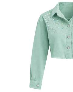 Chaqueta Vaquera Corta Personalizada Verde Menta para Mujer con Detalle de Pedrería, Botones, Manga Larga, Estilo Casual y Urbano - Product Image 5