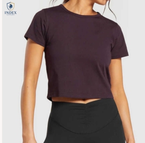 Women's Dark Purple Crop <b>Top</b> Crew Neck Short Sleeve Solid Color Casual Spring Summer Wear - Product Image 1