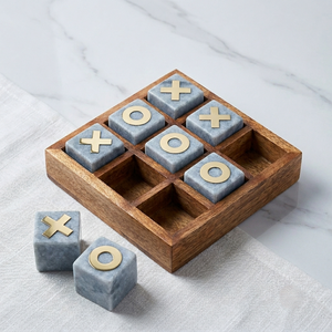 Juego de Mesa Clásico Tic Tac Toe con Bloques de Mármol Natural, Base de Madera y Símbolos de Latón, Regalo Único, Adorno Decorativo - Product Image 1