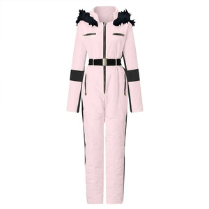 Traje de Esquí Personalizado de una Pieza para Mujer, Mono Rosa con Capucha para Snowboard con Cinturón - Product Image 1
