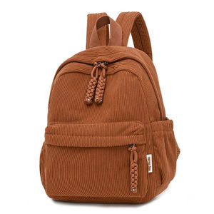 Sac à dos décontracté minimaliste en velours côtelé marron, sac d'école quotidien, sac à dos vintage avec poche avant et tirettes de fermeture éclair tressées - Product Image 1