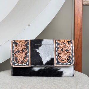 กระเป๋าสตางค์หนังวัวคุณภาพสูงสำหรับผู้หญิงวินเทจหนังวัวลายดอกไม้ใส่ได้ทุกวัน - Product Image 4