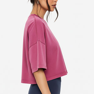 T-shirt en toile décontracté d'été pour femme, rose, coupe classique, manches courtes, col rond, couleur unie, haute qualité, très tendance - Product Image 3