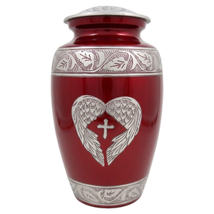 Urnas de cremación para adultos de aleación de aluminio amarillas con diseño de corazón y alas plateados para cenizas humanas, urnas de cremación funerarias de metal. - Product Image 4