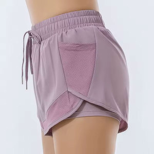 Shorts Deportivos de Cintura Alta con Cordón, Color Morado, con Bolsillos, Diseño Floral Vintage, Tejido de Punto de Secado Rápido, Ropa Deportiva para Mujer - Product Image 4