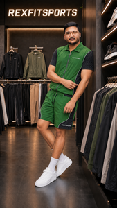 REXFIT SPORTS 2026 Ensemble court personnalisé vert et noir en nylon pour homme, chemise zippée et short, ensemble de sport deux pièces, logo personnalisé, streetwear - Product Image 5