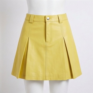 Women Faux Leather A-Line Mini <b>Skirt</b> <b>Pleated</b> Solid <b>Yellow</b> Regular Waistline Shiny Style All Seasons - Product Image 1