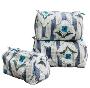 Traditional Striped Floral Hand Block Printed 100% Cotton Cosmetic Storage Utility Bag Set Zipper Closure Hip-Hop Style - Product Image 4