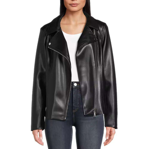 Chaqueta de Motociclista de Cuero PU para Mujer, Cuello Alto, Manga Larga, Cierre de Cremallera, Color Sólido, Otoño - Product Image 1