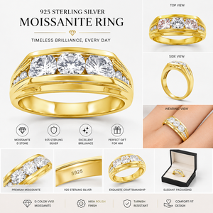 Bague unisexe en argent sterling 925 plaqué or avec 3 pierres de moissanite taille ronde, style alliance éternité, bague de fiançailles et de promesse, sertie à griffes - Product Image 2