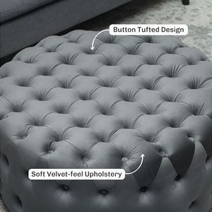 Sgabello Ottomano Rotondo Grigio Scuro con Rivestimento Effetto Velluto, Design Trapuntato a Bottoni e Seduta Imbottita per Casa o Ingresso - Product Image 4