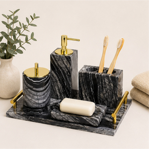 Ensemble d'accessoires de salle de bain en marbre noir naturel au design moderne avec accents en laiton doré, distributeur de savon, porte-brosse à dents, porte-savon - Product Image 6
