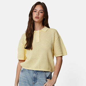 Camiseta de Punto de Manga Corta para Mujer, Color Amarillo Pálido, Casual, Transpirable, de Poliéster, con Logotipo Personalizado Bordado a Máquina - Product Image 3