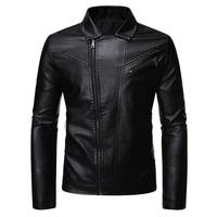 Veste en cuir PU noir pour homme, style motard, col montant, fermeture éclair, coupe ajustée, longueur normale, couleur unie, vêtements d'automne