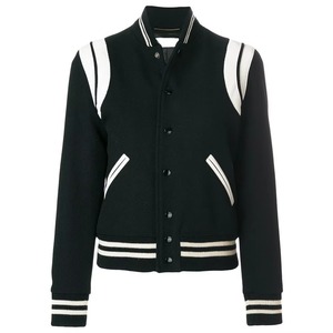 Women's Black Varsity Jacket Full Sleeve Solid Color Stand Collar Button Closure Autumn Wear Contrast Trim - Product Image 1