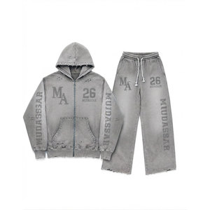 Mudassar Khaki Acid Washed Beaded Tracksuit Set Cotton Polyester Hoodie Joggers Loose Fit 380 Gsm Casual <b>Heat</b> Transfer Print <b>Log</b> - Product Image 4