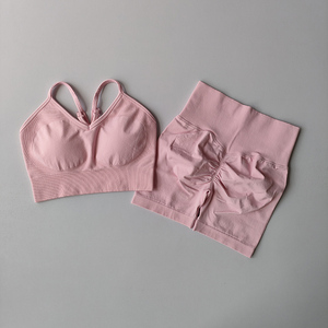 Women Yoga Set V Neck Sports <b>Bra</b> High Waist Shorts Ruched Butt Belt Elastic Waist Solid Moisture Wicking 2 Piece <b>Blue</b> Workout - Product Image 3