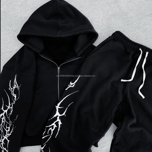 Haute qualité Vintage hommes Streetwear survêtement écran imprimé fermeture éclair Sweat à capuche costume évasé pantalons de survêtement ensemble - Product Image 2