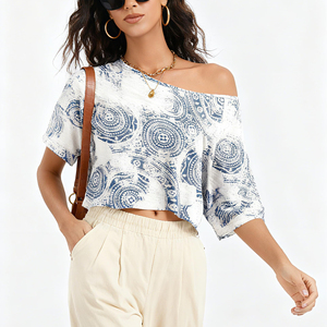 T-shirt court décontracté pour femme avec logo personnalisé, coupe ajustée en coton, col bateau, longueur courte, coupe musclée, nouveau design - Product Image 4