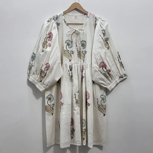 เดรสลำลองผู้หญิง ผ้าทอ 100% คอตตอน ลายพิมพ์ดอกไม้/สีพื้น แต่งโครงสร้าง แขนสั้น เอวทรงเอ็มไพร์ ทรงเบบี้ดอลล์ - Product Image 1