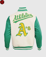 Veste universitaire pour homme Oakland A's, manches en cuir vert, logo brodé sur le devant, vêtements décontractés pour l'automne