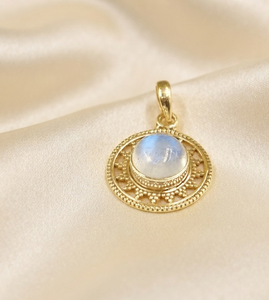 Collar con Colgante de Mandala Solar de Piedra Lunar Arcoíris Redonda de Plata de Ley 925, Chapado en Oro Rosa y Oro Amarillo, Joyería Hecha a Mano para Mujer - Product Image 4
