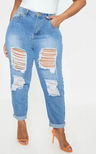 Jeans Azules Desgastados de Cintura Alta para Mujer, Corte Holgado, Cinco Bolsillos, Estilo Casual, Cierre de Botones - Product Image 6