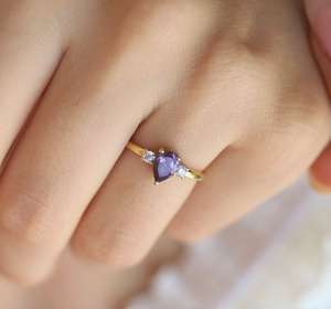 Anillo Corazón de Piedra del Sol de Plata de Ley 925, Chapado en Oro de 14K, Chapado en Rodio, Vermeil, Vintage, Piedra de Nacimiento de Febrero para Mujer - Product Image 5