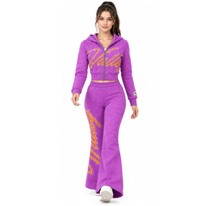 Survêtement violet à capuche pour femme, fermeture éclair intégrale avec poches latérales, motif lettres imprimé par transfert thermique, style décontracté - Product Image 2