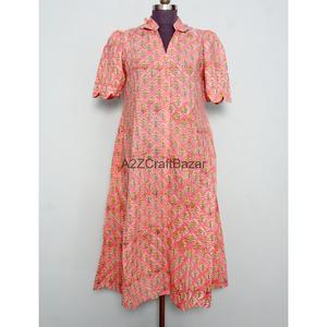 Vestido midi de punto 100% algodón con estampado floral digital indio hecho a mano, cuello en V, manga corta, corte en A, con bolsillos, para oficina, verano - Product Image 1