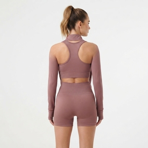 Women Dusty Rose Yoga Set Sports Bra Biker Shorts Zip Up <b>Jacket</b> Gym Fitness <b>Workout</b> Activewear Three Piece Set - Product Image 3