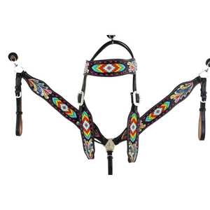 Handmade One-Ear Headstall Breastplate Set <b>Beaded</b> Western Horse with Colorful <b>Fringes</b> Equestrian Racing Tack - Product Image 1