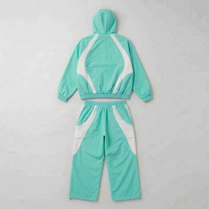 Ensemble de survêtement unisexe bleu et blanc à blocs de couleur, coupe-vent en nylon, à capuche, manches longues, fermeture éclair, style sportif, pour l'été, adulte - Product Image 2