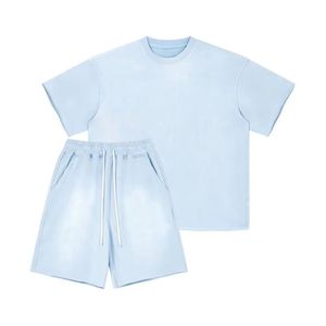 Ensemble 2 pièces bleu ciel délavé à l'acide, en coton respirant, coupe ample à épaules tombantes, tenue d'été coordonnée, mode streetwear durable - Product Image 2
