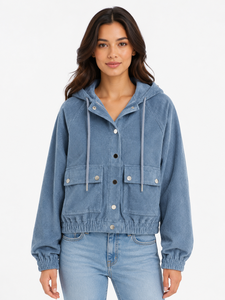 เสื้อแจ็คเก็ตผู้หญิง Livster Premium รุ่น Winter Blue Corduroy แบบมีฮู้ด ผ้าคอร์ดูรอยเนื้อนุ่ม สไตล์ลำลอง ตัวเสื้อแบบครอป ติดกระดุมแป๊กด้านหน้า พร้อมเชือกผูก - Product Image 1