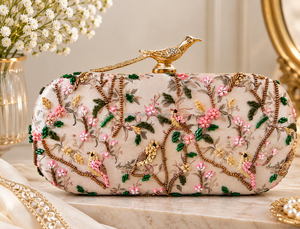 Floral Embroidered Half Moon Beaded Clutch Pearl Evening Bag Wedding Bridal Party Purse Handmade Fashion Sparkling Waterproof - Product Image 1